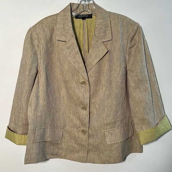 KASPER 100% Linen Lemon/Lime 3/4 Sleeve 3 Button Notch Lapel Career Blazer SZ 16 - Picture 1 of 16
